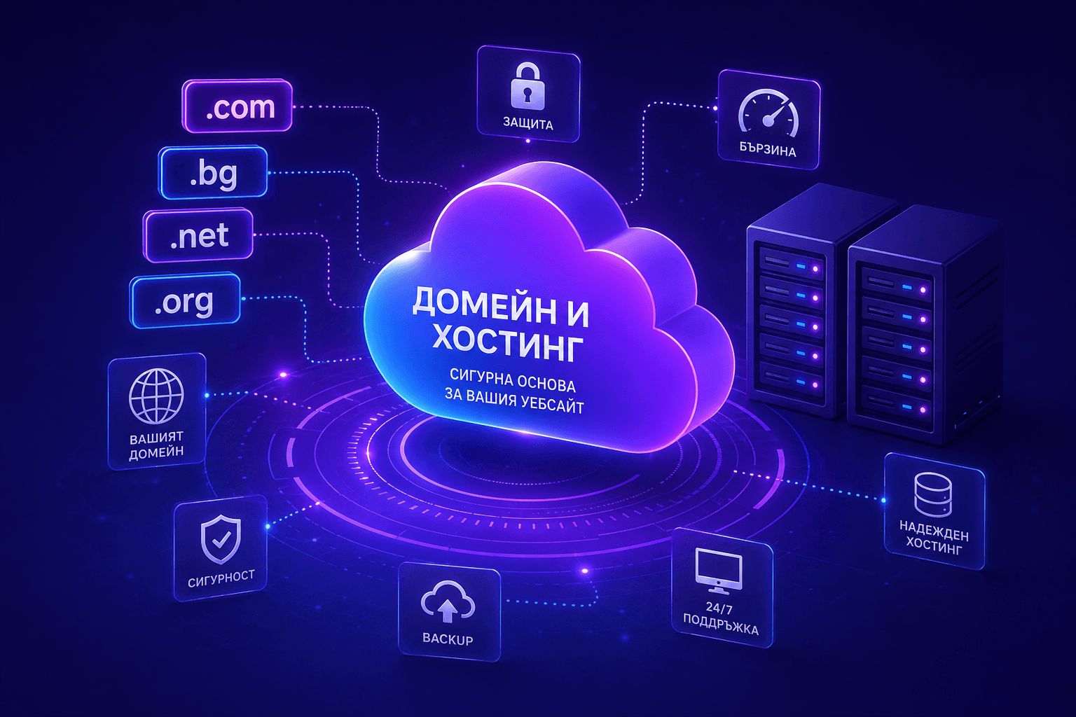 Илюстрация на домейн и хостинг - облак с разширенията .com, .bg, .net и .org и сървъри до него