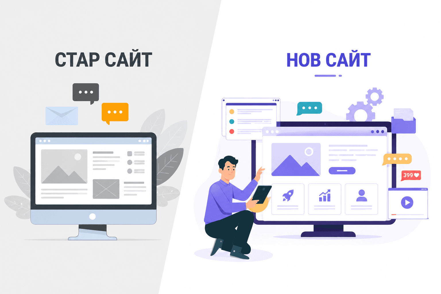 Сравнение между стар и нов сайт - остарял дизайн отляво и модерен отдясно